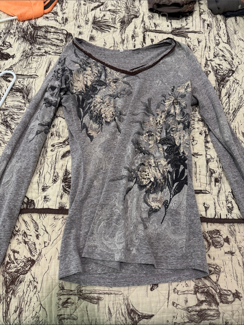 Miss Me Grey Floral Long-Sleeve V-Neck Tee